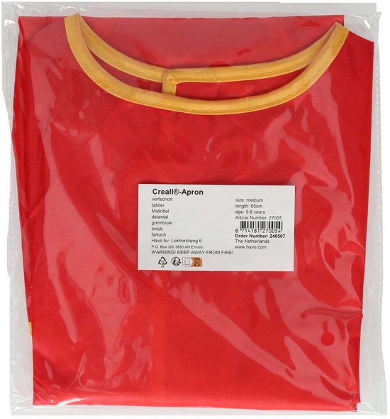 Verpakking van een rood schildersschort met gele bies. Het label vermeldt 'Creall® Apron', 'size: medium', 'age: 5-8 years'.