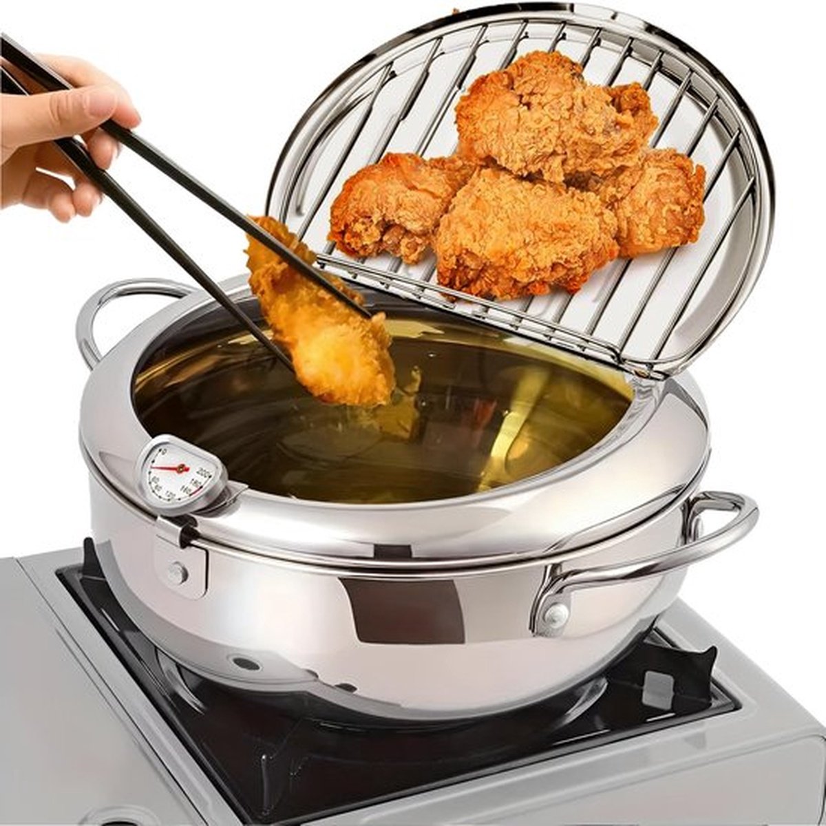 RVS Frituurpan met Temperatuurmeter - 3.2L Capaciteit voor Perfect Frituren - Inclusief Druiprek en Deksel - Geschikt voor Tempura en Gefrituurde Snacks