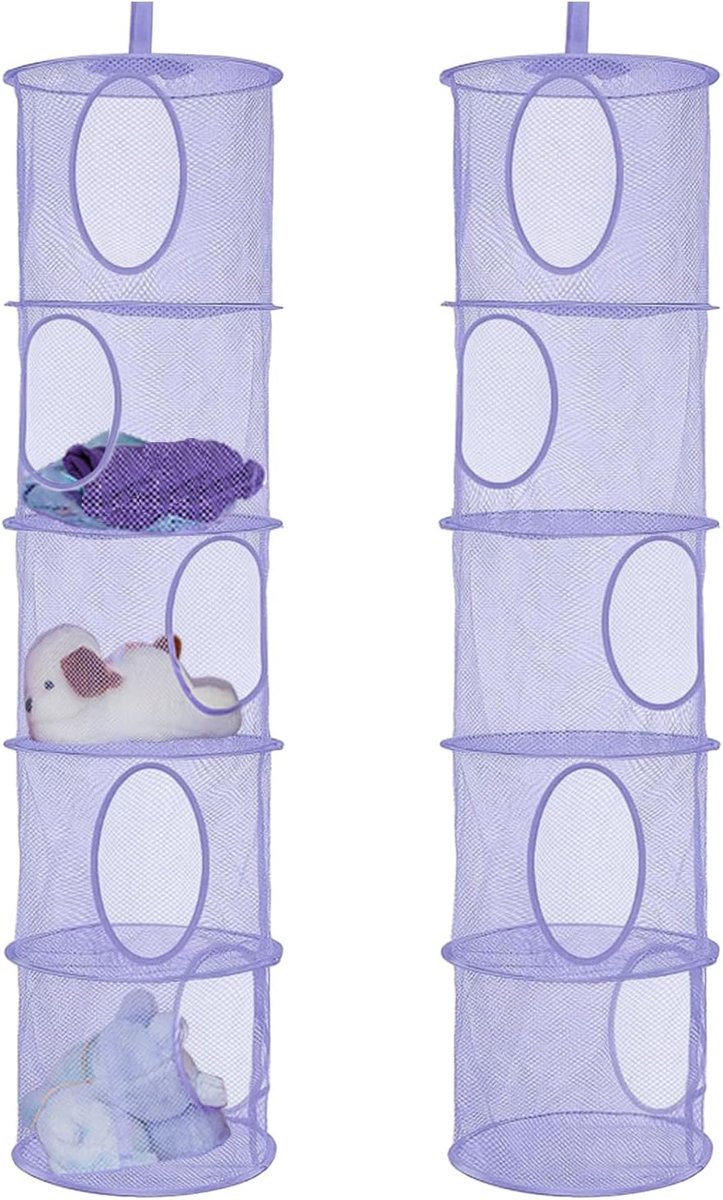 Famanu – Ophangopslag, 2 stuks opvouwbare hangopbergorganizer, 5 vakken, hangrek, mesh, hangende netopbergtas, knuffeldier, hangende mand voor kinderkamer, balkon (paars)