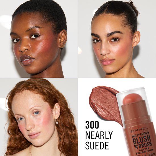 Vier modellen met blush in tinten Nearl Suede en Fuchsia Glam. Eén product verpakking met de tekst '300 NEARLY SUEDE'.