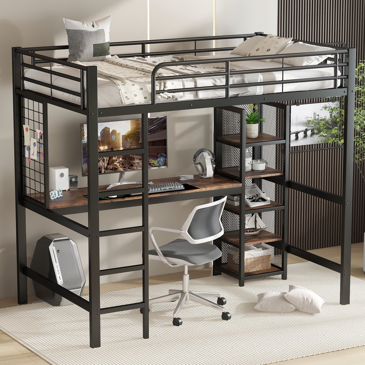 MODFU Hoogslaper 90x200 cm – 204x95x180 cm – Met bureau en opbergkast – Metaal/MDF – Zwart/donker walnoot – Voor tiener- of studentenkamer Zwart + Donker walnoothout