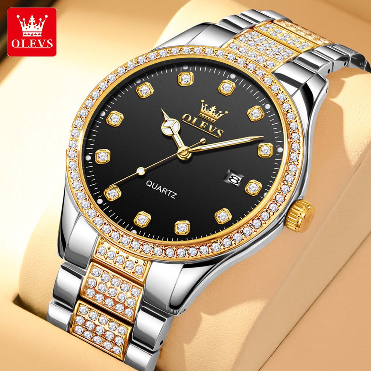 HO-9905.zw : Olevs goud-zilverkleurig edelstalen quartz heren horloge, getextureerde schakelband, zwarte wijzerplaat, kalenderdag