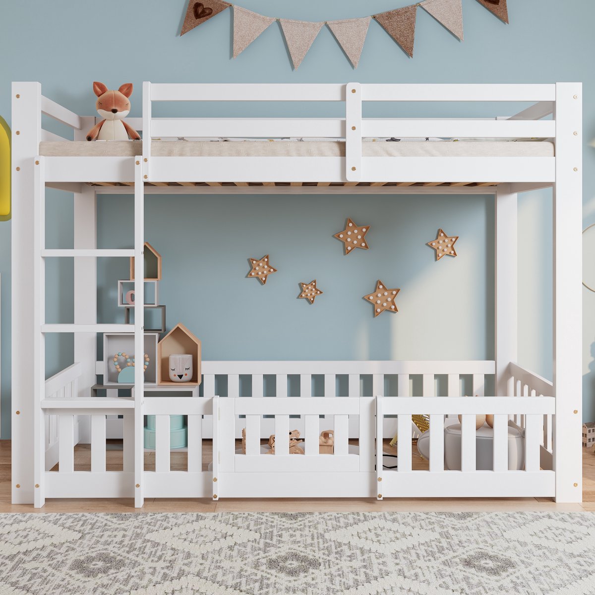 Wishdor Stapelbed 90x200 cm - Haakse Trap & Hekwerk met Deur - Massief Hout Wit - Stapelbe