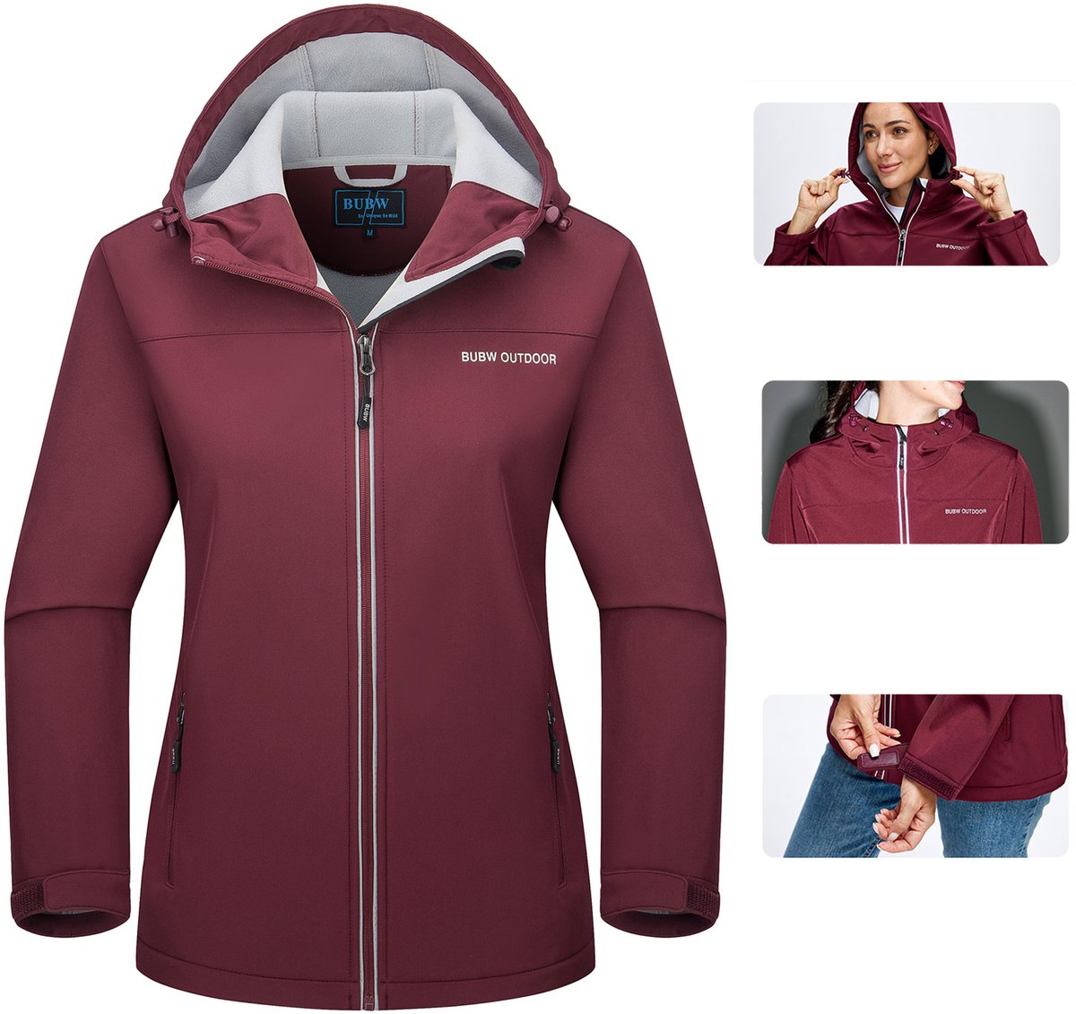 BUBW® Softshell Jas Outdoorjas Dames Winddicht Waterafstotend Windjack Rits Zakken Warme Fleece Gevoerd Met Capuchon Rood