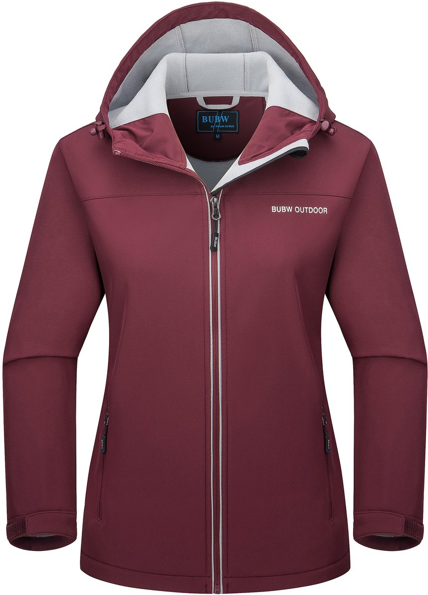 BUBW® Windjack Dames Outdoorjas Lichtgewicht Ademend Warme Fleece Voering Met Capuchon Rood