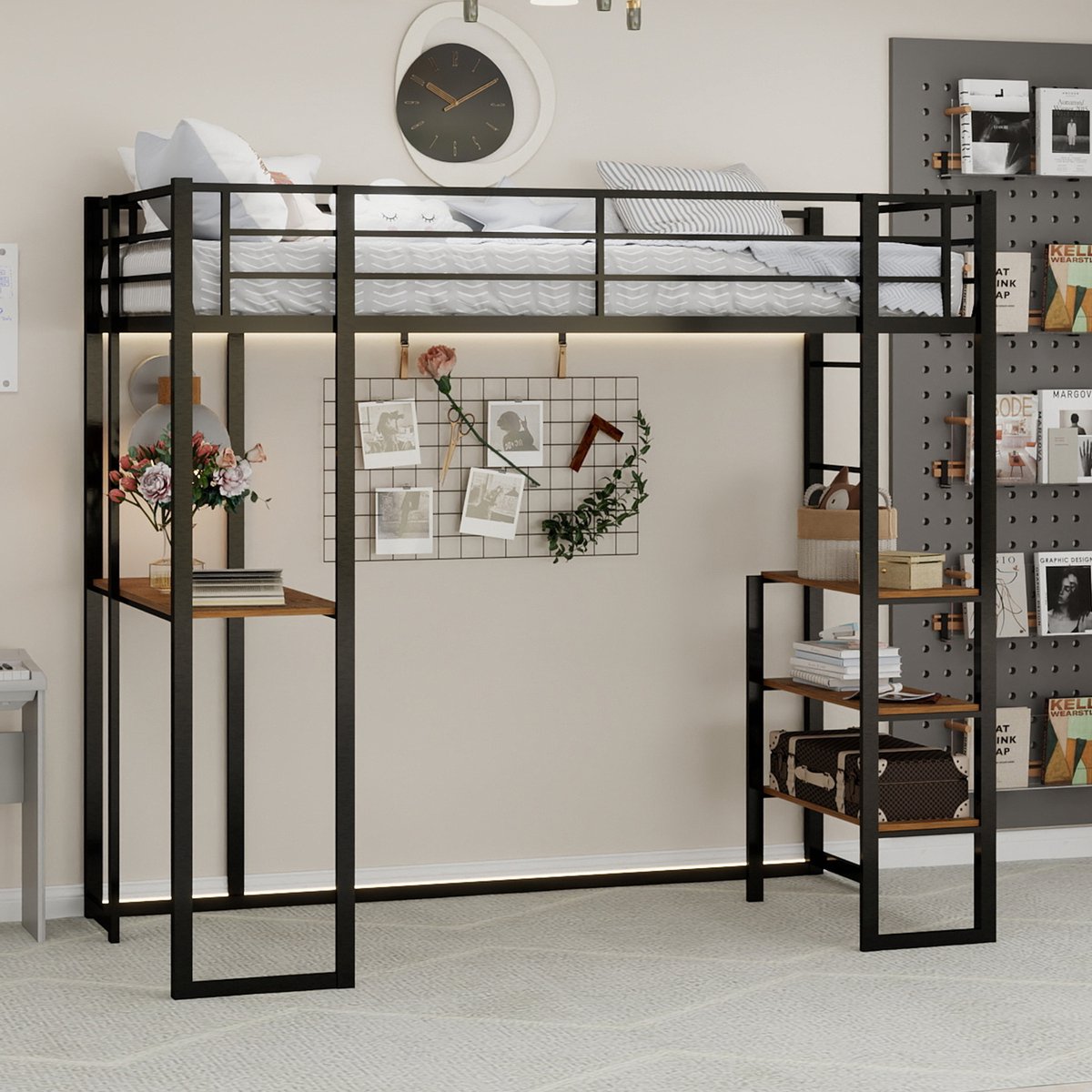 STILVORA Metalen Hoogslaper Met Bureau – Ruimtebesparend Met Trap Links Of Rechts – Veilig Met Uitvalbeveiliging – Zonder matras – Zwart