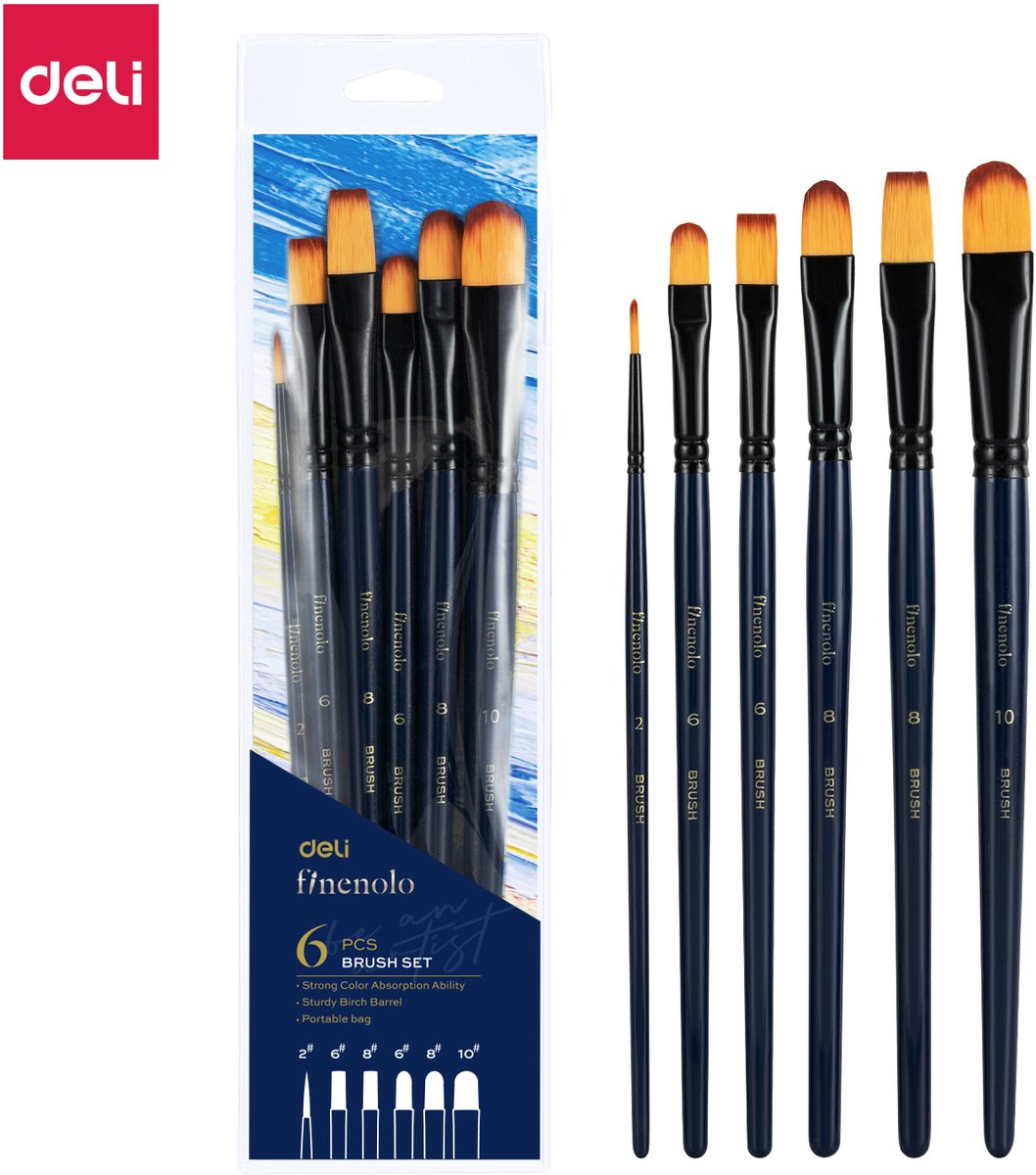 Penselen Deli hard nylon acryl - 6 stuks