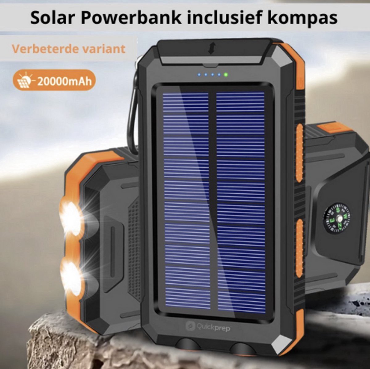Solar Powerbank 20.000 mAh – Draagbare Oplader 3-in-1 – Zonne-energie – Waterdicht & Schokbestendig – Snelladen USB/USB-C – Powerbank met Zaklamp – Camping, Outdoor & Vakantie - QuickPrep – foto 3