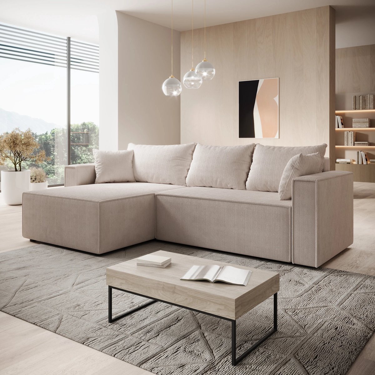 Meubella - Lawrence - Hoekbank 3-zits met chaise longue - Beige - Ribstof - Links