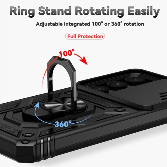 Coque de téléphone noire avec un anneau métallique rotatif à 100° ou 360°.