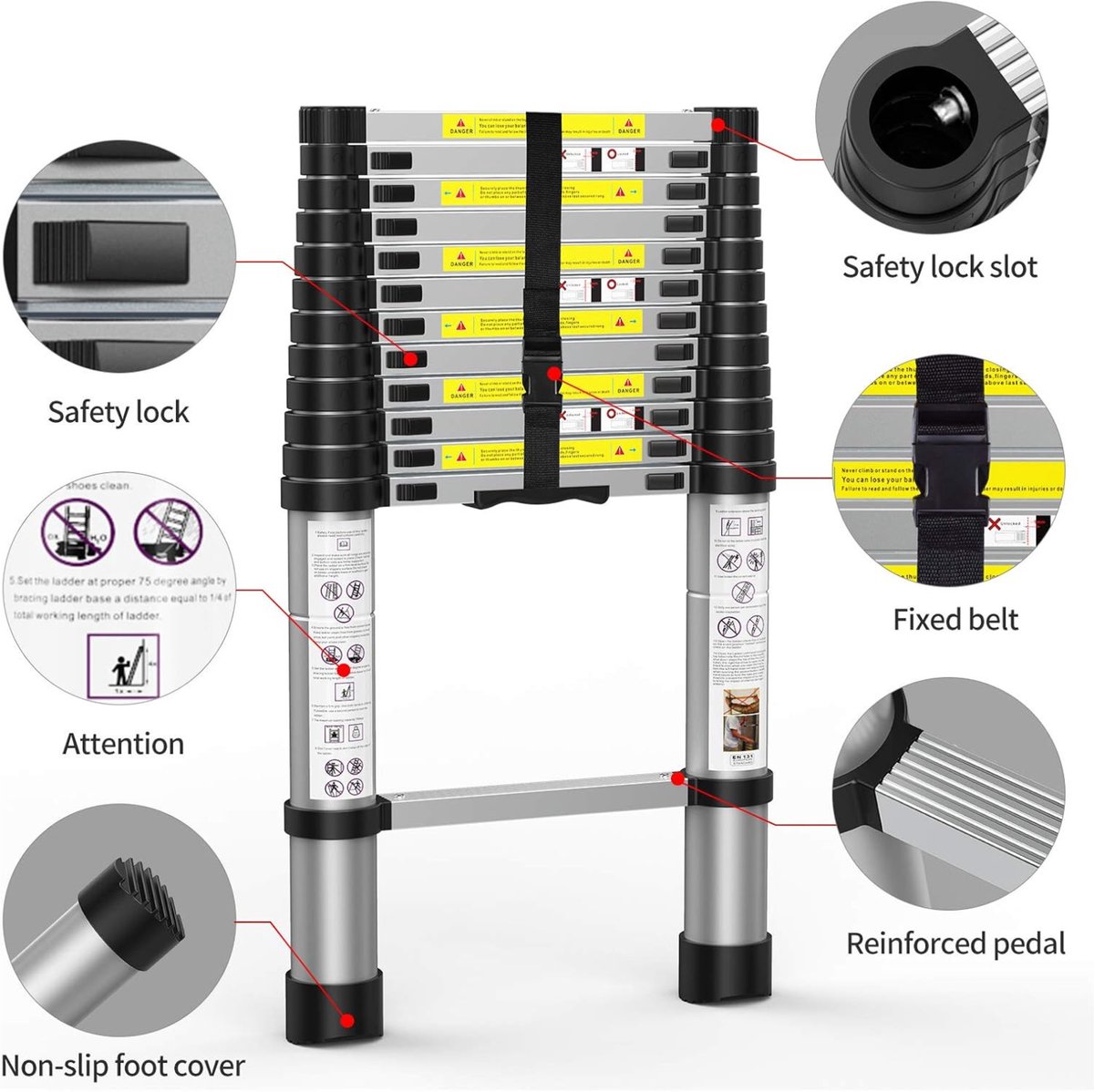 Telescopische Ladder 6.2M Aluminium – Uitschuifbare Vouwladder – Compact en Draagbaar met Soft Closing Systeem - Werkhoogte Verstelbaar – Max. 150 kg – Voor Thuis & Professioneel Gebruik – foto 4