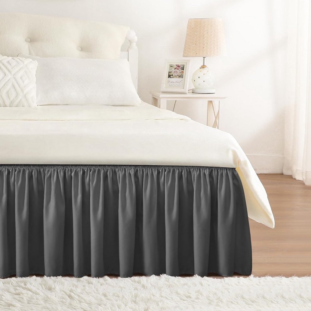 Elastische Bedrok met Ruches - Eenvoudig te Installeren en Zacht Geborsteld Polyester - Antraciet (140 x 190 x 45 cm)