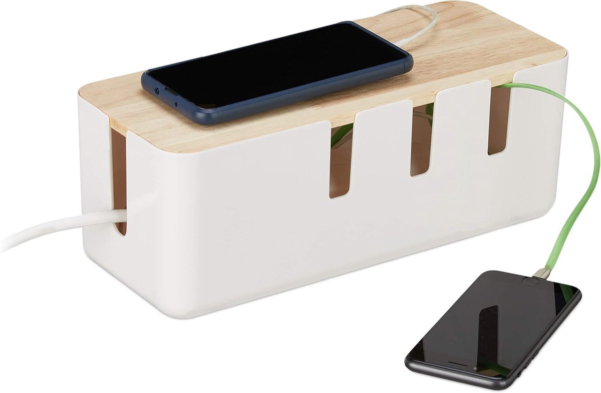 storage box power strip, plastic & wood, cable organizer, cable box, wit