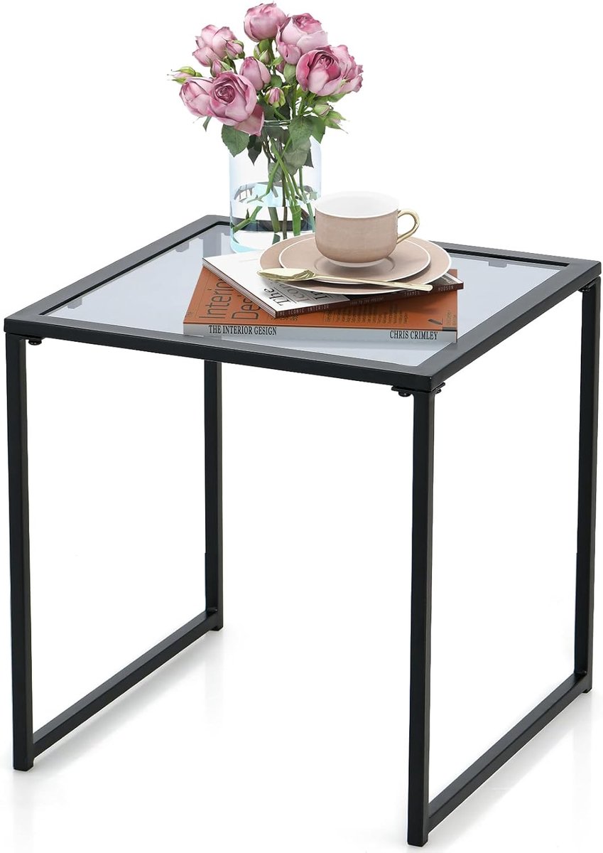 KOMFOTTEU Bijzettafel voor buiten met tafelblad van gehard glas, salontafel, metalen frame, draagvermogen 30 kg, zijtafel voor terras, balkon, woonkamer, 43 x 43 x 45 cm, zwart