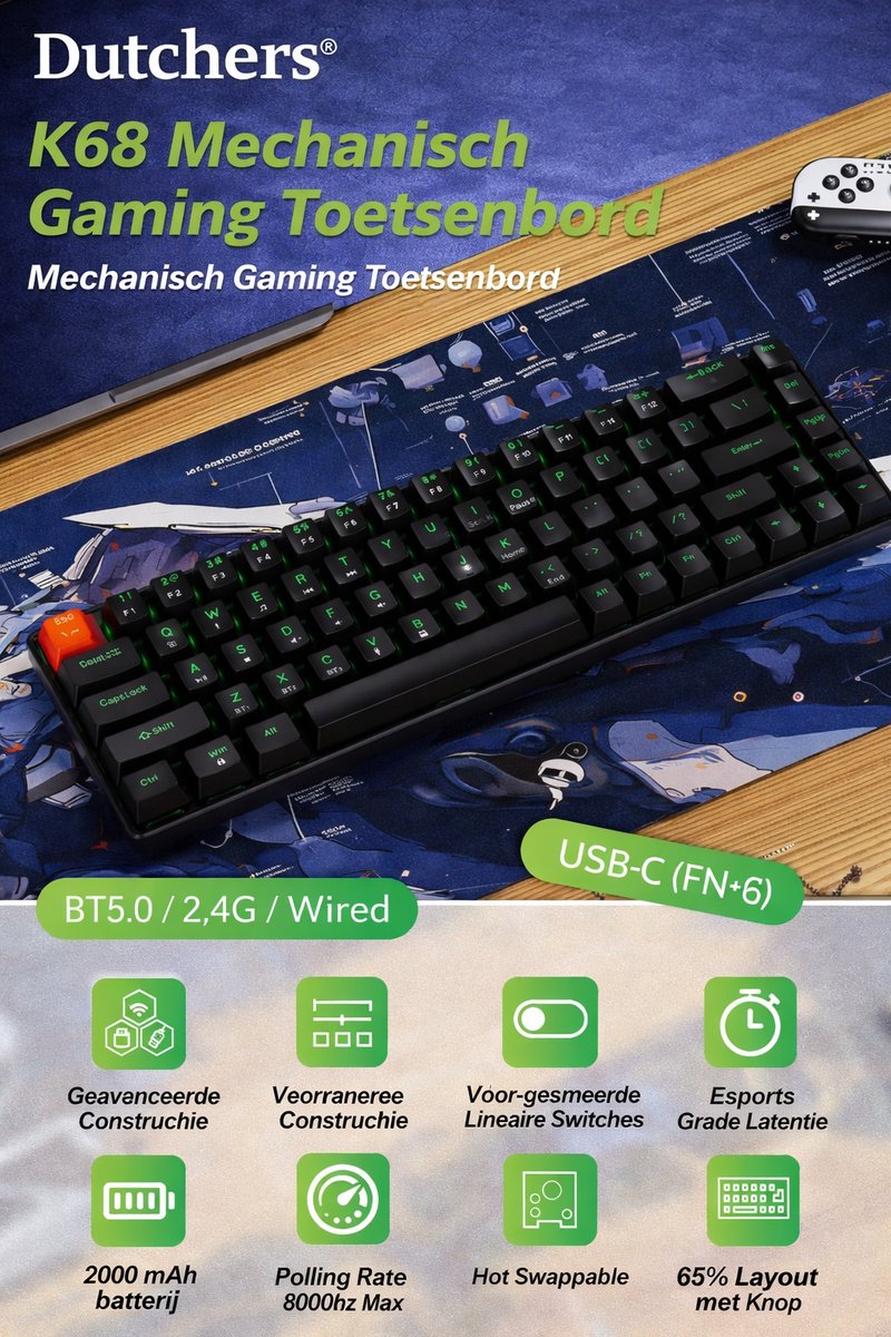 Dutchers.® Gaming Keyboard 60% - Mechanisch Toetsenbord - Draadloos & Bedraad - 60 Procent - 2,4 GHz/Type-C/BT5.0 - Usb/Bluetooth - QWERTY - Compact – Bluetooth / 2.4G / USB-C – 2000mAh Accu – Zwart thumbnail 6