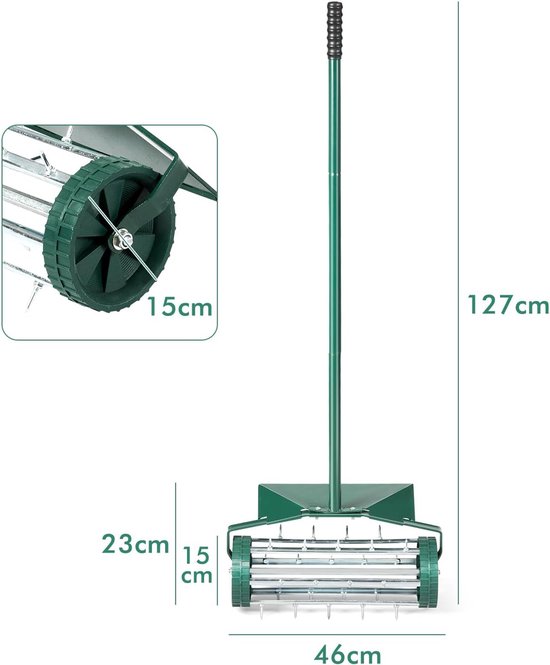 KOMFOTTEU Gazonbeluchter 46 x 23 x 127 cm - handverticuteermachine - met steel en spijkers van 3 cm - rollende aerificeerder - voor tuin, binnenplaats, terras - Gazonwals van KOMFOTTEU — afbeelding 3