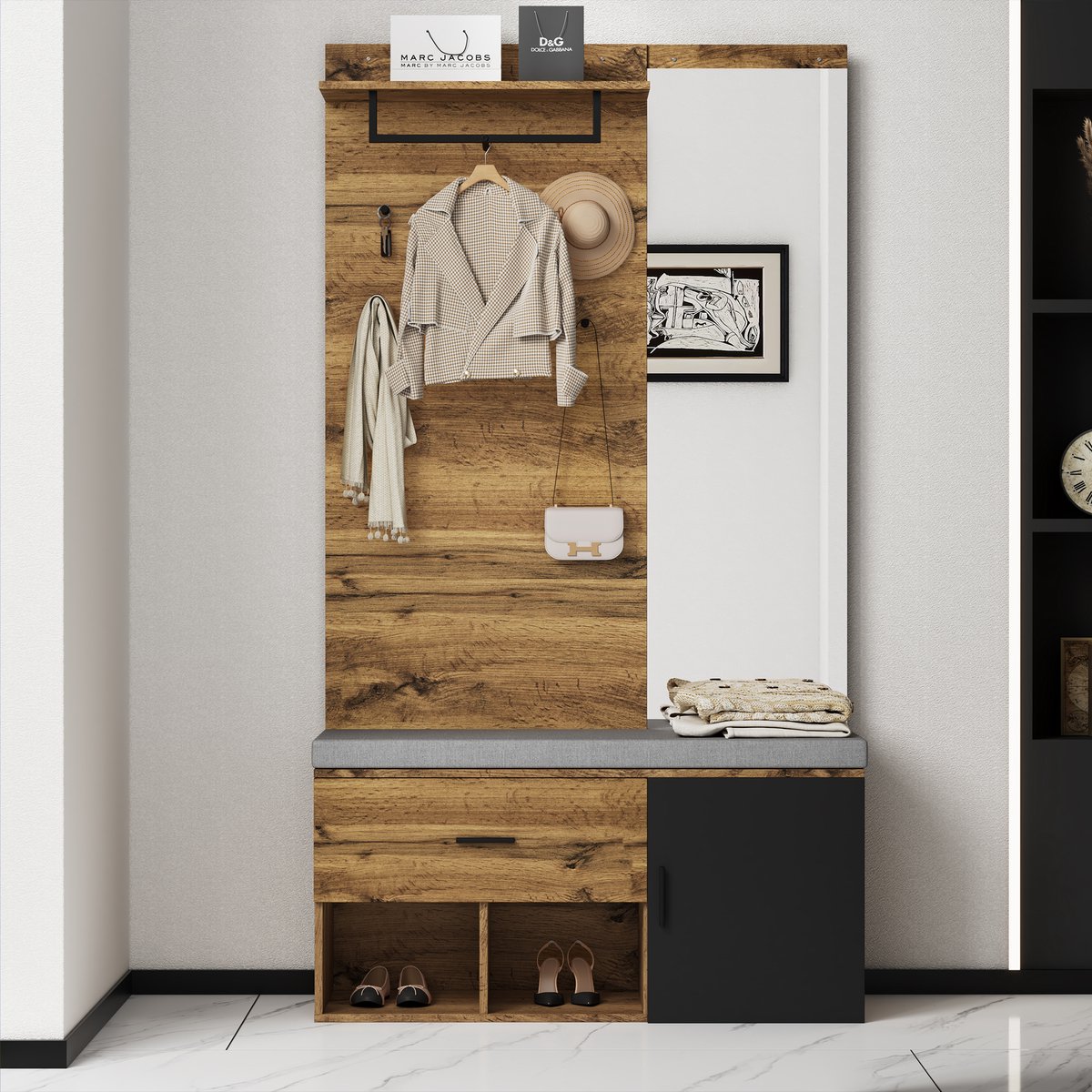 MODFU Kapstok 104x39x190 cm van spaanplaat, eikenlook met spiegel en schoenenbank
