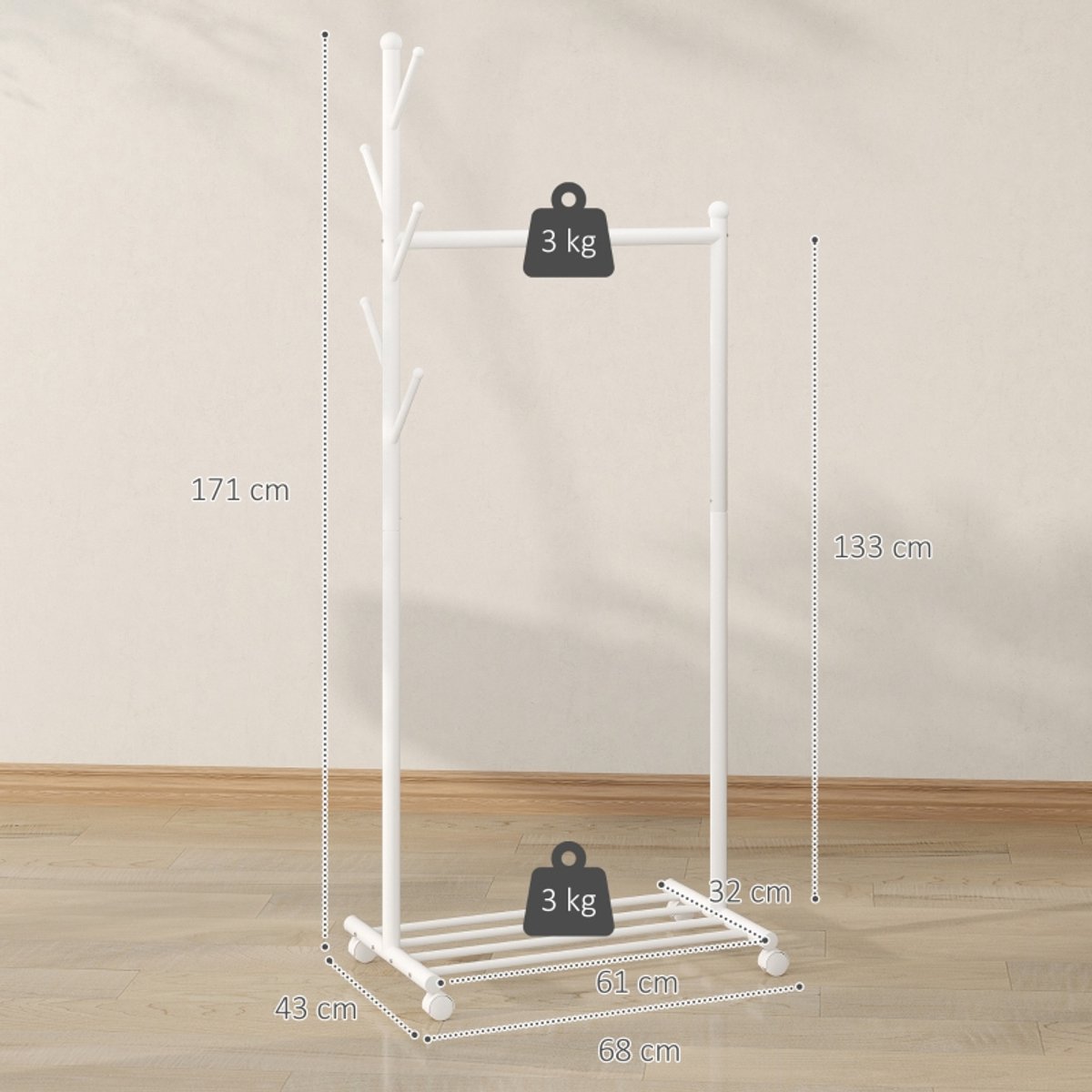 MODFU Luxe Kledingrek op Wielen - 3-in-1 Garderoberek met Boomkapstok & Schoenenrek - Wit Metaal - 171 cm Hoog – foto 5