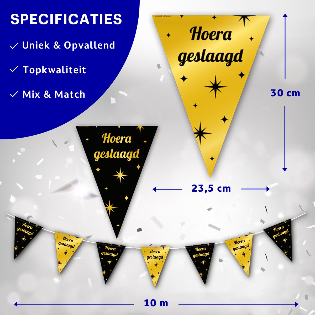 BTH - Slingers - Hoera Geslaagd - Goud en Zwart - Geslaagd Versiering - Slinger - Vlaggenlijn - Geslaagd Cadeaus - 1 Stuk — afbeelding 2
