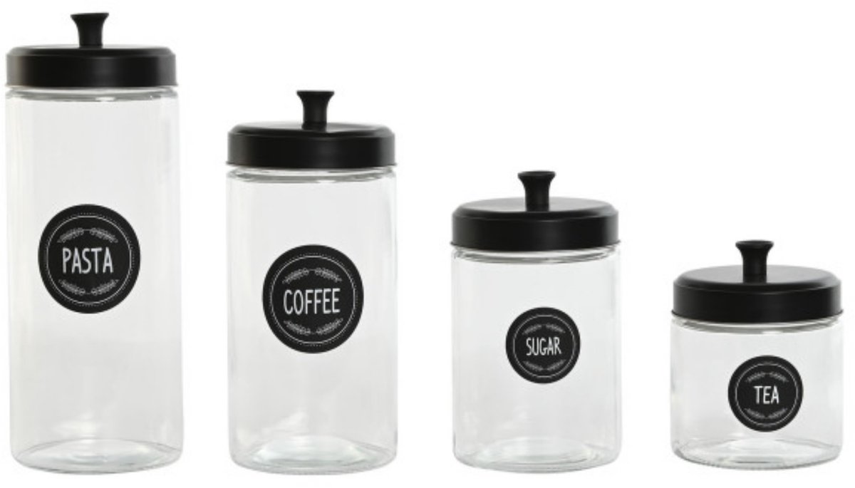 Item Int. Voorraadpotten set - 4x stuks - glas met metalen deksel - zwart - 1,5L