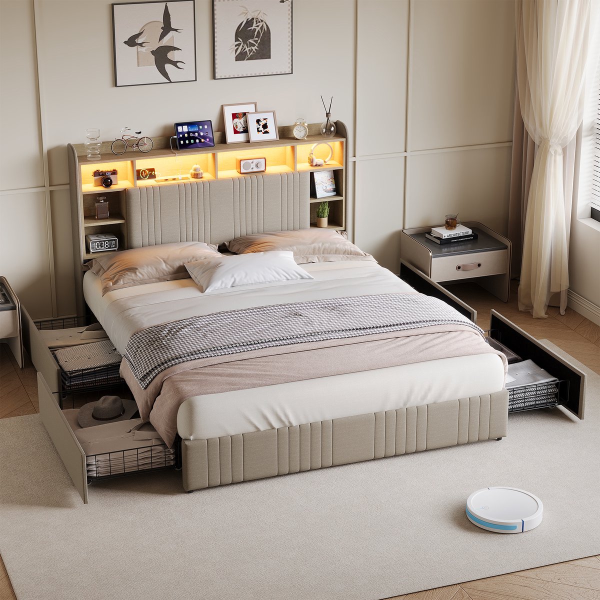 Gestoffeerd bed 140 x 200 cm, opbergbed met 4 lades, tweepersoonsbed met led- en usb-aansluiting, continentaal bed, beige linnen stof