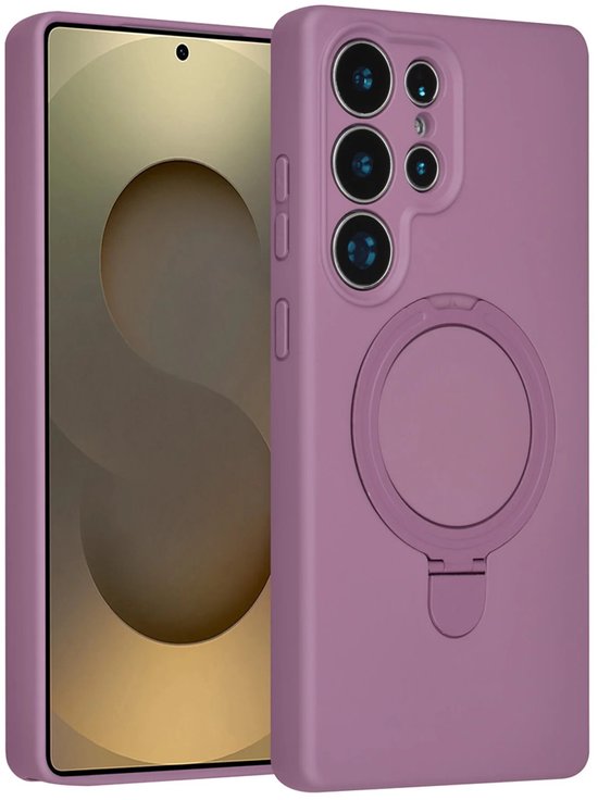 Coque de téléphone en silicone violette avec découpes pour appareil photo, support annulaire et boutons latéraux.