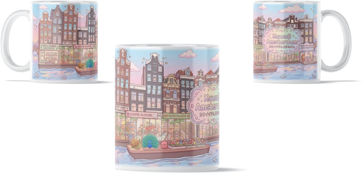 "Kawaii Series" Holland Mok Amsterdam Bloemenmarkt met Schattige Dieren & Pastel Grachtenpanden - Grappige Koffiemok & Theemok voor op het Werk en Kantoor - Origineel Verjaardag Cadeau voor haar: Vrouw, Vriendin of Collega van Kantoor