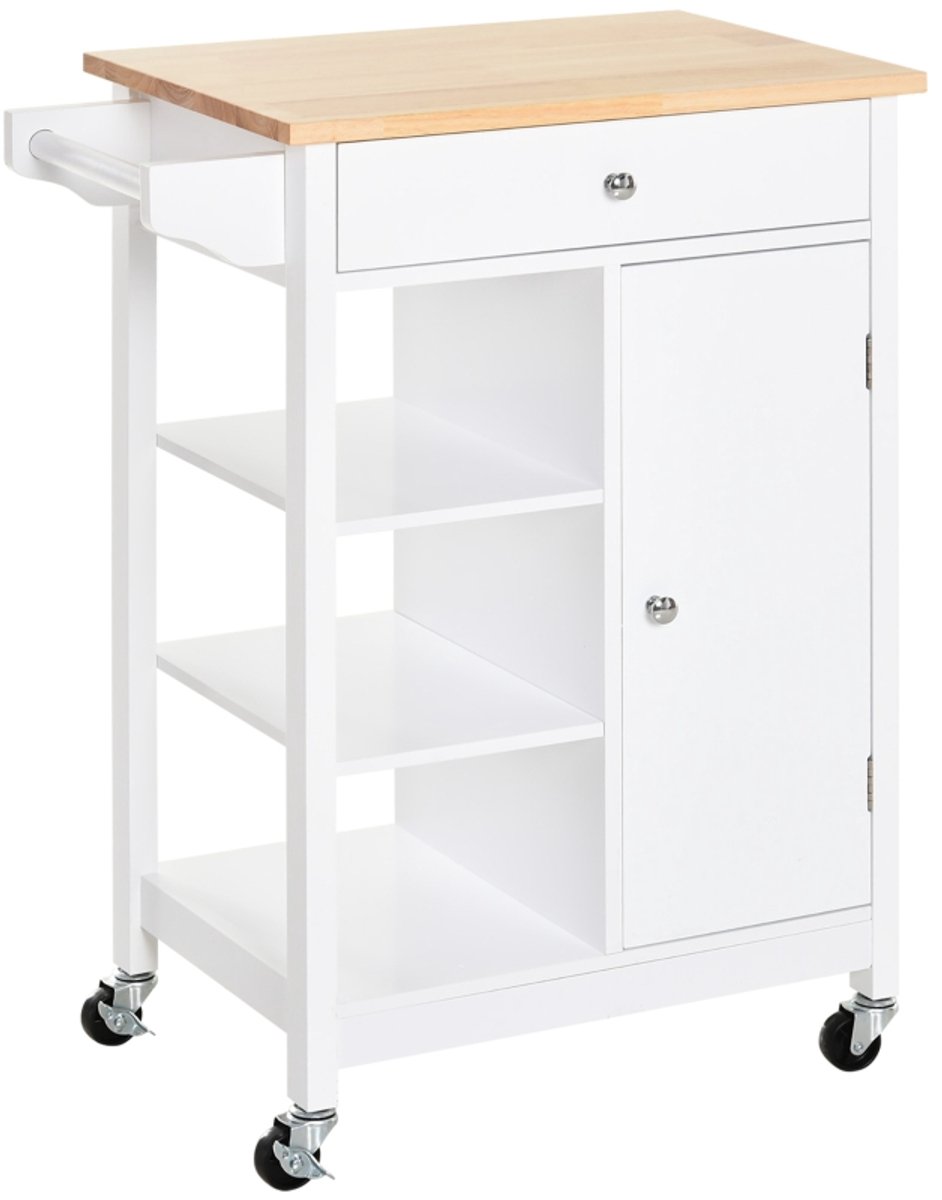 Daity Keukentrolley, verrijdbaar keukeneiland, houten aanrechtblad, 3-laags planken en opbergkasten, wit