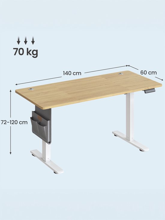 Wit elektrisch zit-sta bureau met licht houten blad. Afmetingen: 140x60 cm, hoogte 72-120 cm. Max. draagkracht 70 kg.