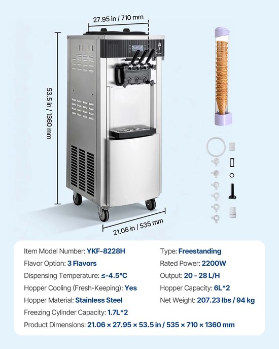 Softijsmachine - Commercieel vrijstaand model - 2200 W - 20–28 L/uur - 3 Smaken - 2 Reservoirs 6 L - Voorkoeling - Zelfreiniging van Merkloos — afbeelding 3