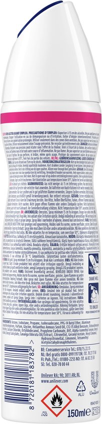 Achterkant van een Rexona deodorantbus met productinformatie en streepjescode.