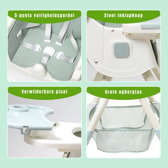 Nexvo® Kinder Eetstoel - 3-in-1 Babystoel Voor Aan Tafel Met Dienblad - Baby Stoel Voor Eten Met Wieltjes - Meegroei Kinderstoel - Groen - 94cm x 75cm x 60cm van nexvo — afbeelding 2