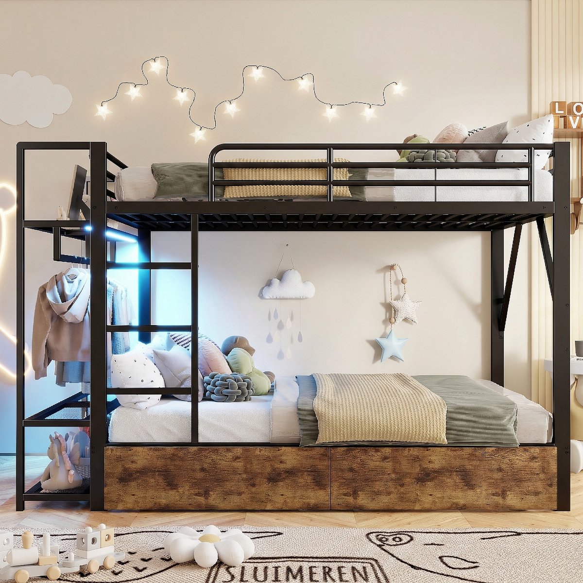 VVBV Hoogslaper 140x200 met LED & Opbergruimte - Zwart Metalen Frame, 2 Lades, Planken & Kledingroede - Industrieel Design Black