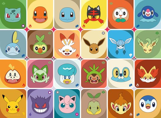 Een raster van 20 Pokémon gezichten op een gekleurde achtergrond, elk met een Pokémon-icoon.