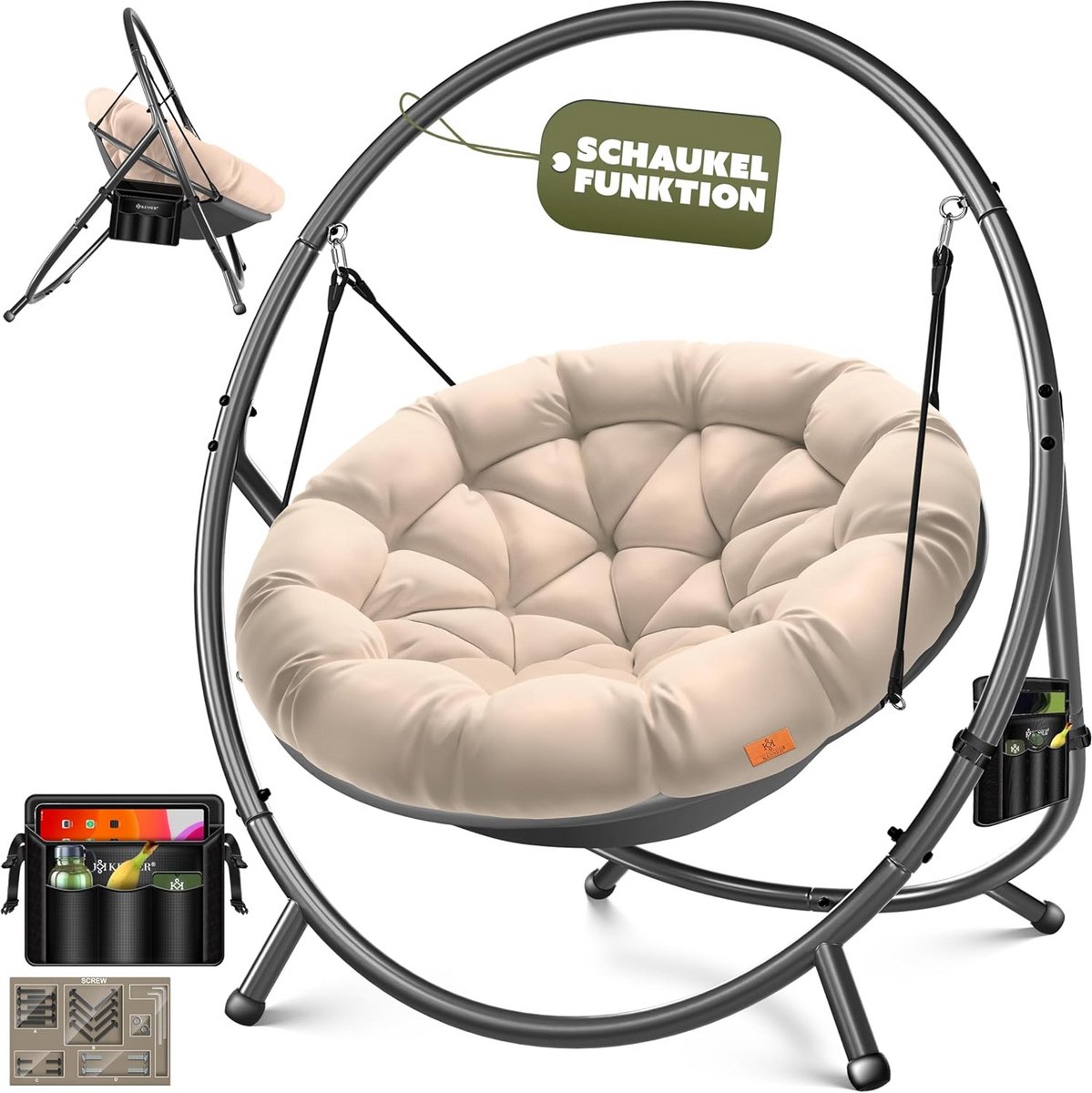 Hanging Chair with Frame for Indoor and Outdoor Use - Ergonomic Design, Soft Cushion and Side Pocket - Up to 150 kg