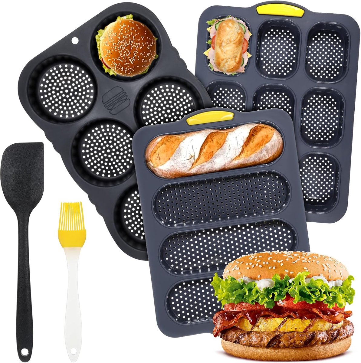 Set van 5 Siliconen Bakvormen – Hamburger, Hotdog & Mini Baguette – 4/6/9 Cup + Spatel & Borstel