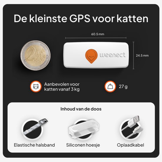 De kleinste GPS tracker voor katten, vergeleken met een muntstuk. Afmetingen: 60.5mm x 24.5mm, gewicht 27g. Inhoud: elastische halsband, siliconen hoesje, oplaadkabel.