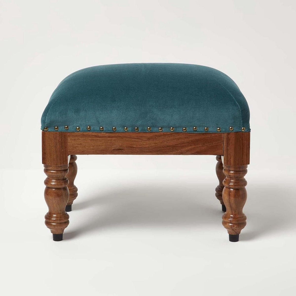 Rechthoekige Voetenbank Fluweel Blauwgroen 50x30 cm op Massief Houten Poten