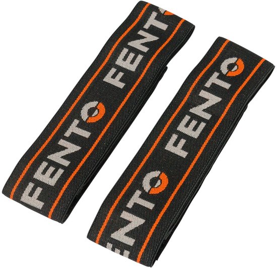 Twee FENTO elastieken op een donkergrijze ondergrond met oranje strepen en witte FENTO-letters.