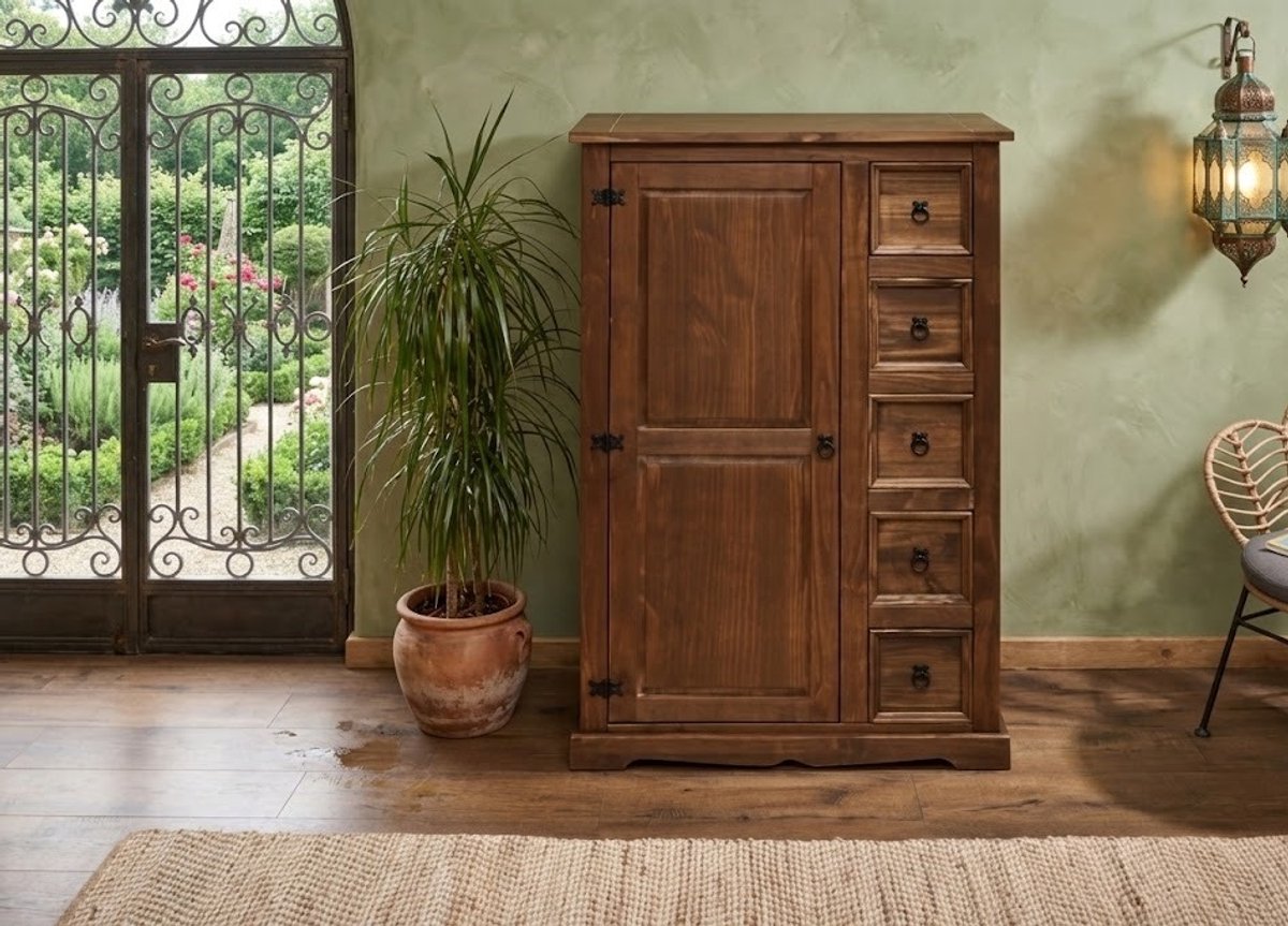 Commode Tequila – Massief Grenenhouten Highboard met 5 Laden, Verstelbare Planken, Bruin Gewaxt – Luxe Ladekast voor Woonkamer, Eetkamer & Keuken – Handdoek- & Opslagmeubel Novihome
