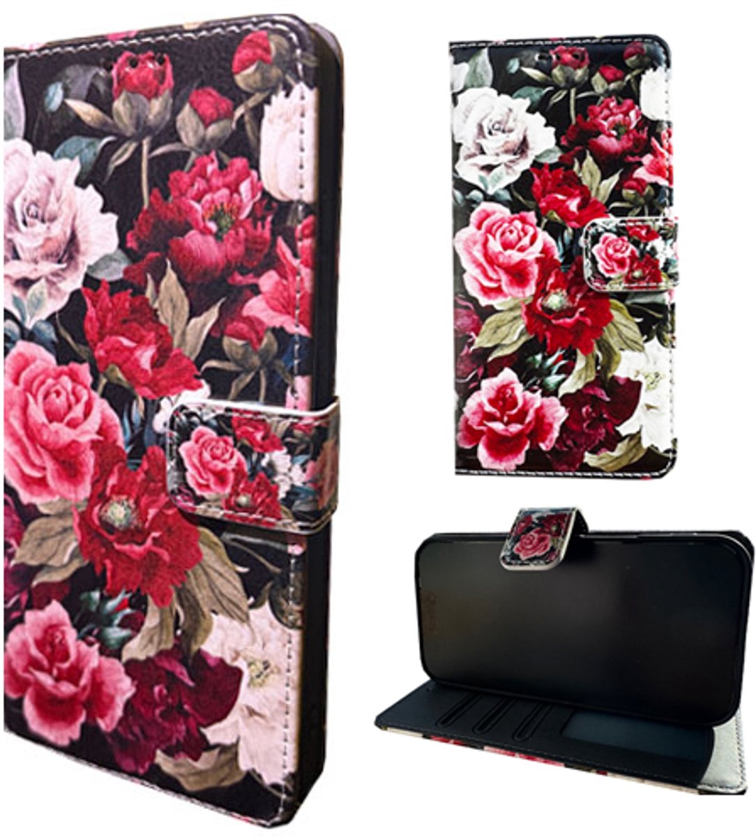 Telefoonhoesje Geschikt voor Samsung S26 Bookcase - Rode Bloemen Printje - Ruimte voor 3 pasjes - Standaardfunctie