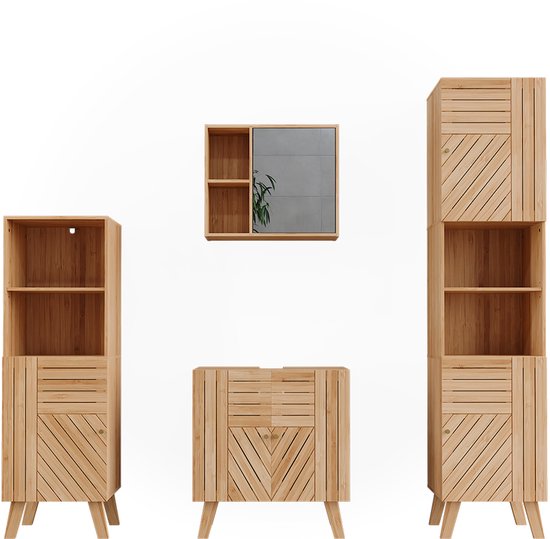 Hoge en smalle bamboe badkamermeubels met open vakken en een gesloten kast met v-patroon.