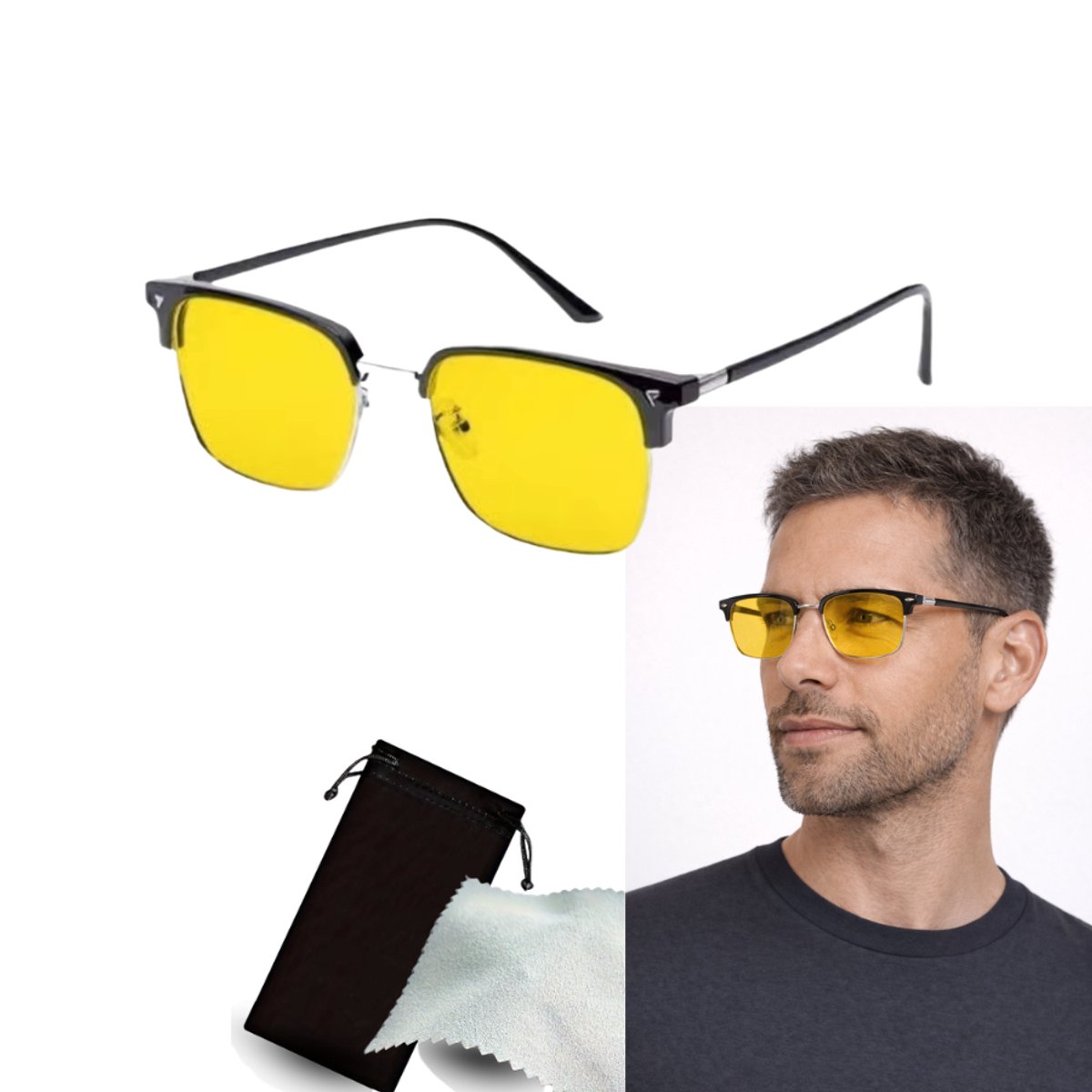 computerbril.shop® Nachtbril Auto – Gele HD Lenzen – Nachtzichtbril / Autorijbril Heren & Dames – Gepolariseerde Anti-Verblindingsbril – Blauwlichtfilter voor Nacht Rijden & Slecht Weer