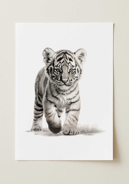 Zwart Witte Tijger Welp - Poster 70x100 cm sfeervolle wanddecoratie voor woonkamer en slaapkamer - Premium papier - Zonder lijst