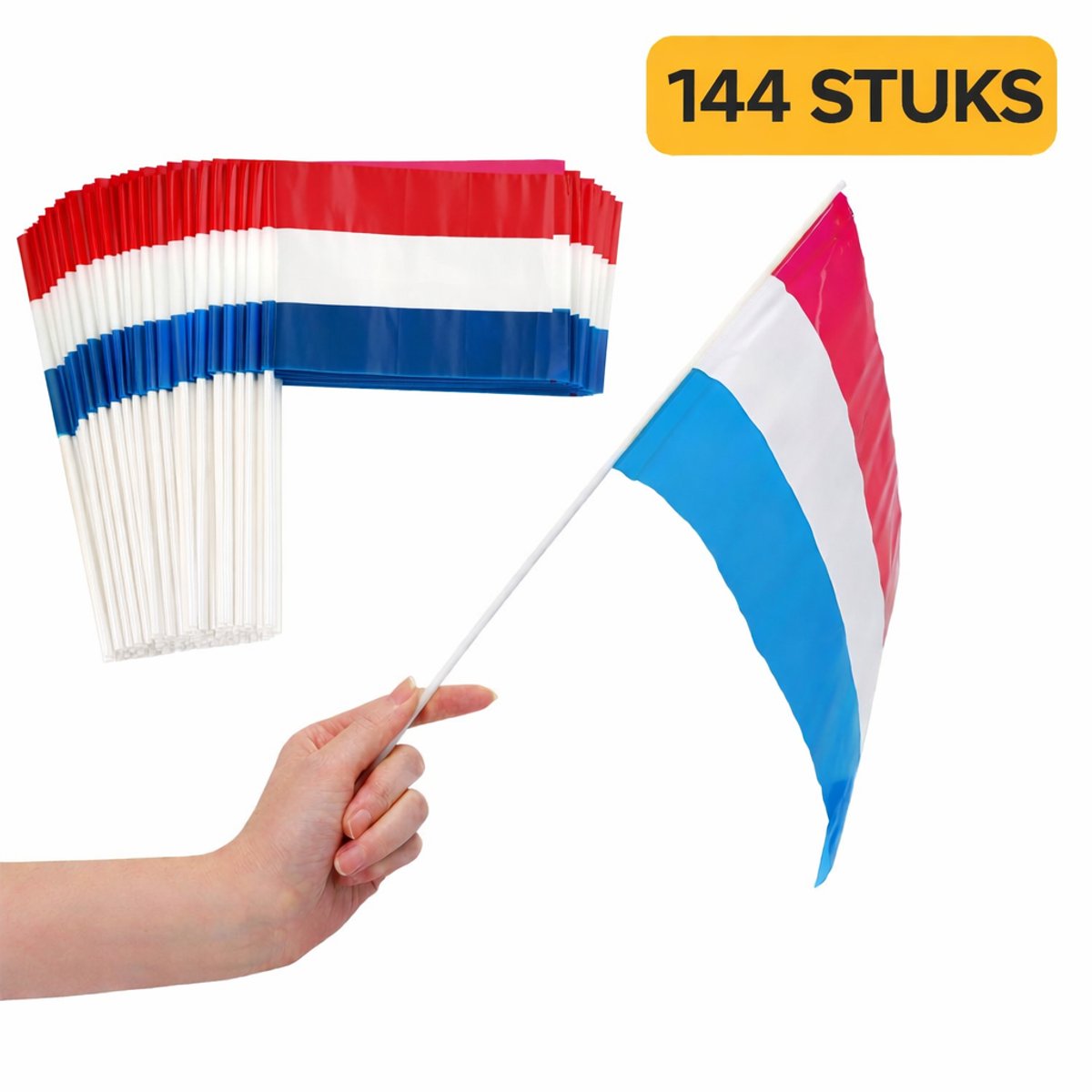Nederlandse Handvlaggetjes 144 Stuks – Rood Wit Blauw Vlaggetjes met Stokje – Koningsdag / EK / WK / Evenementen – 20x28 cm