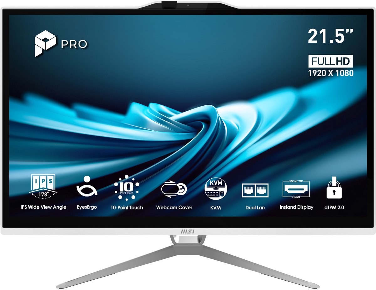 MSI Pro AP222T 14M-623EU Intel® Pentium® Gold G7400 54,6 cm (21.5"") 1920 x 1080 Pixels Touchscreen Alles-in-één-pc 8 GB DDR4-SDRAM 128 GB SSD Windows 11 Pro Wi-Fi 5 (802.11ac) Wit