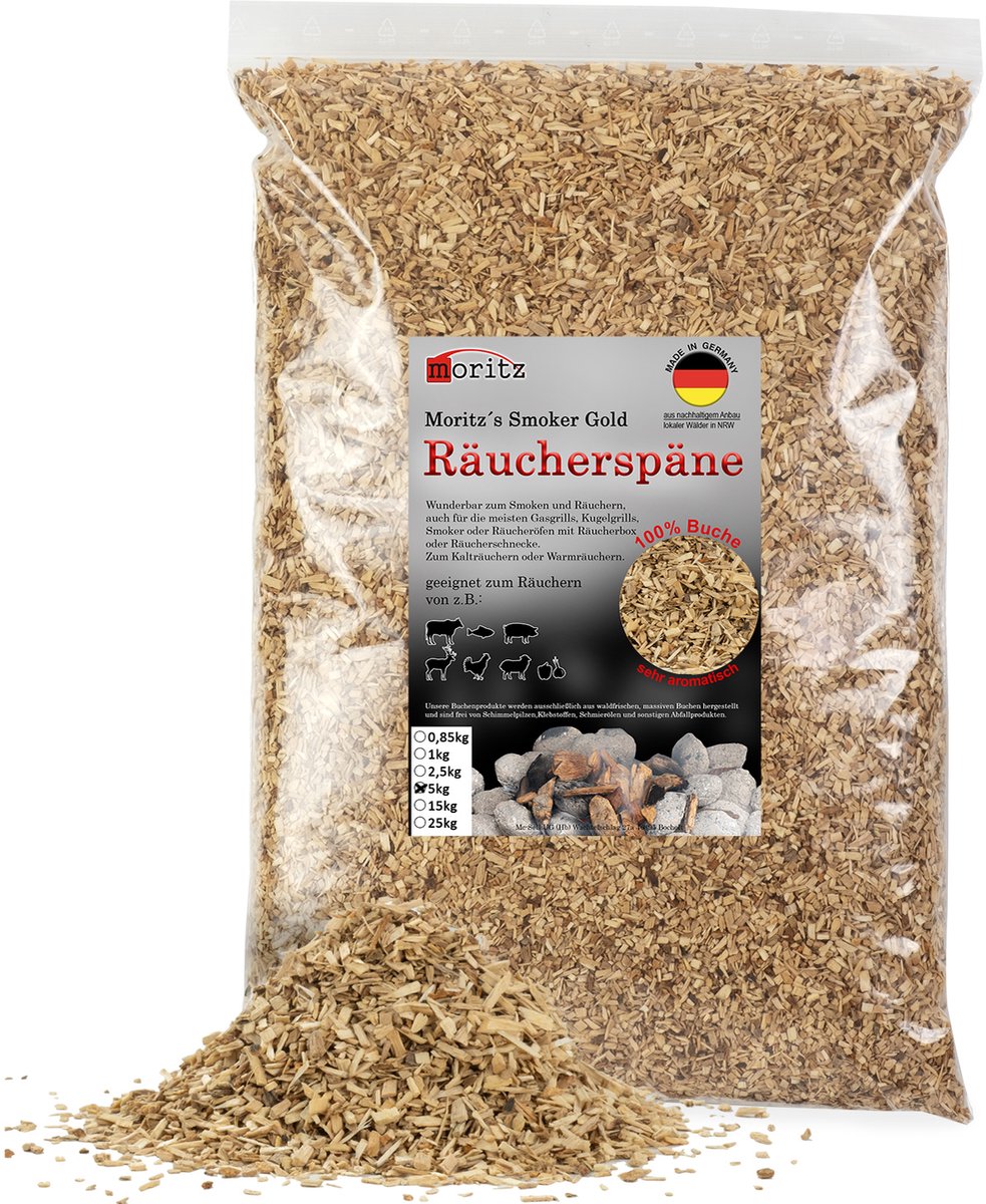 5 kg Moritz Smokers Gold - houtsnippers beuk fijn 0,75 – 2 mm voor koud en warm roken van vis, vlees en meer