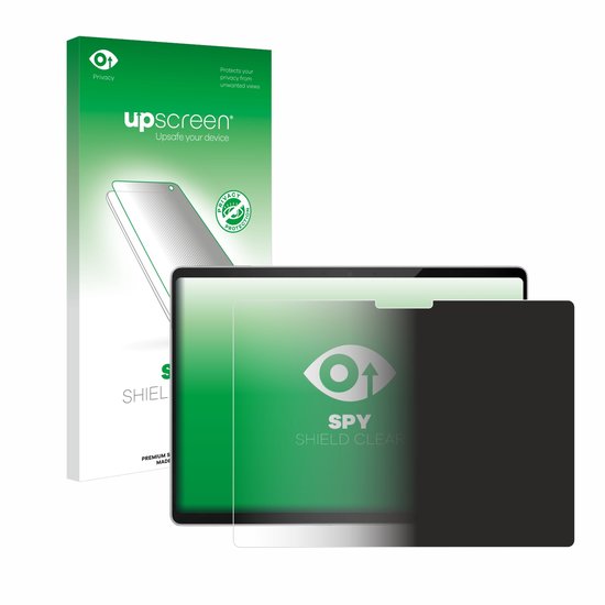 Privacy screenprotector met verpakking, met een tablet in het midden.