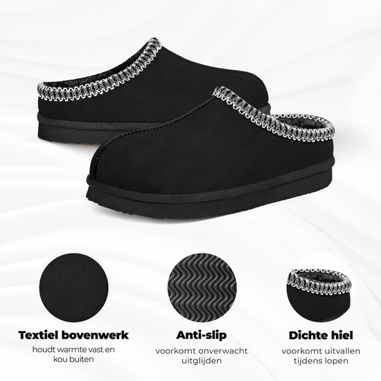 Zwarte pantoffels met gebreide rand. Kenmerken: textiel bovenwerk, anti-slip zool en dichte hiel.