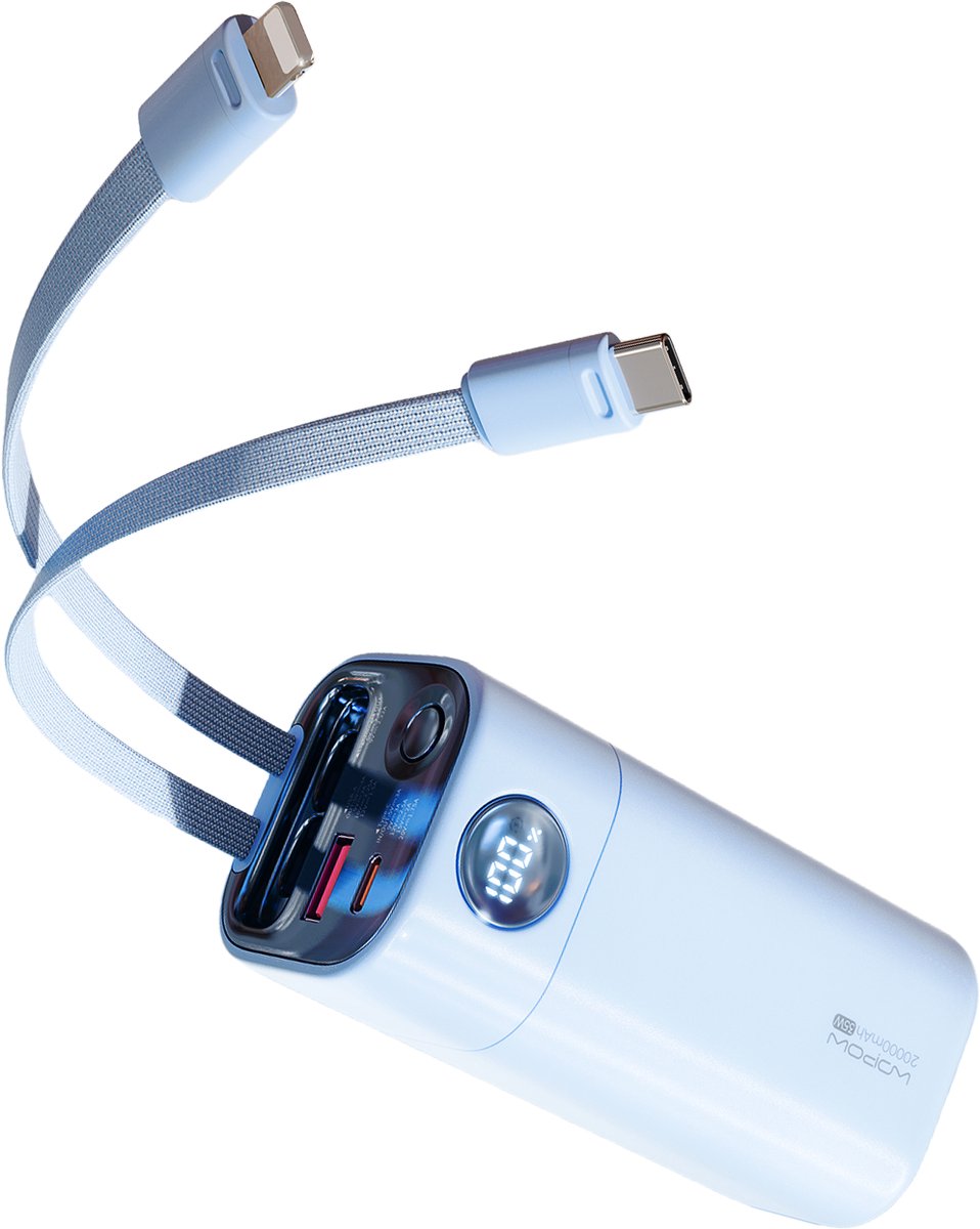 Wopow Powerbank met ingebouwde USB-C & Lightning kabels + USB-A & USB-C poorten, SQ78, 20.000mah, 35W, Blauw, 6979180930022
